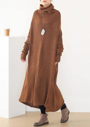 Women back open Sweater high neck dress outfit plus size drak brown daily knit dresses - bagstylebliss