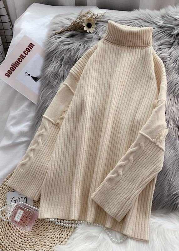Women beige Sweater Wardrobes Refashion wild tunic high neck sweater - bagstylebliss
