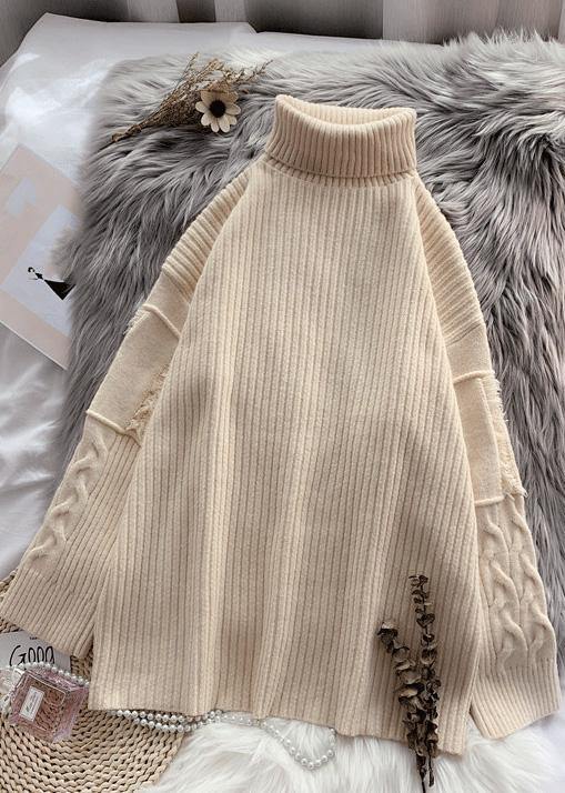 Women beige Sweater Wardrobes Refashion wild tunic high neck sweater - bagstylebliss