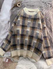 Women beige crane tops warm plus size plaid knit sweat tops - bagstylebliss