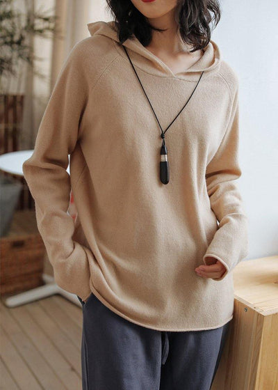 Women beige knit tops fall fashion hooded baggy knitted top - bagstylebliss