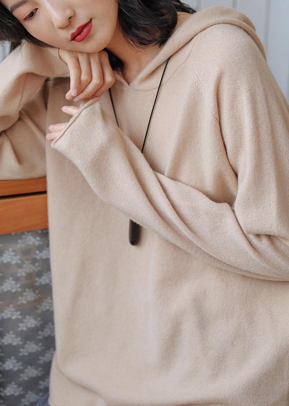 Women beige knit tops fall fashion hooded baggy knitted top - bagstylebliss