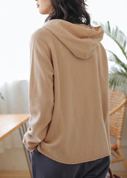 Women beige knit tops fall fashion hooded baggy knitted top - bagstylebliss