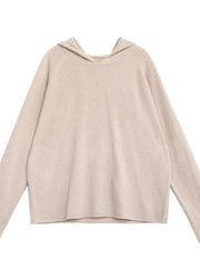 Women beige knit tops fall fashion hooded baggy knitted top - bagstylebliss