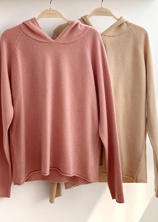 Women beige knit tops fall fashion hooded baggy knitted top - bagstylebliss