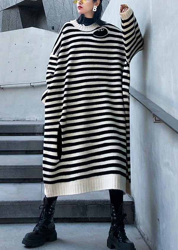 Women beige striped Sweater outfits Design o neck Hole DIY  sweater dresses - bagstylebliss