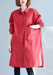 Women big pockets Cotton red long sleeve shirt Dresses fall - bagstylebliss