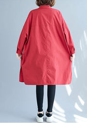 Women big pockets Cotton red long sleeve shirt Dresses fall - bagstylebliss