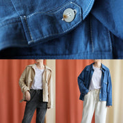 Women big pockets cotton blouses for women Tutorials blue coats fall - bagstylebliss