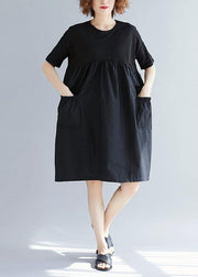 Women black Cotton blended o neck pockets loose summer Dresses - bagstylebliss