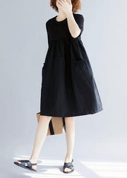 Women black Cotton blended o neck pockets loose summer Dresses - bagstylebliss