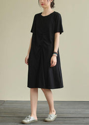 Women black Cotton clothes o neck Cinched oversized summer Dresses - bagstylebliss