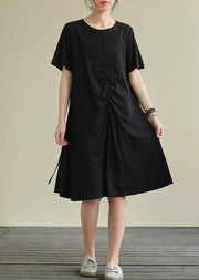 Women black Cotton clothes o neck Cinched oversized summer Dresses - bagstylebliss