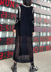 Women black Letter Sweater dresses Largo v neck side open Art  knit dress - bagstylebliss