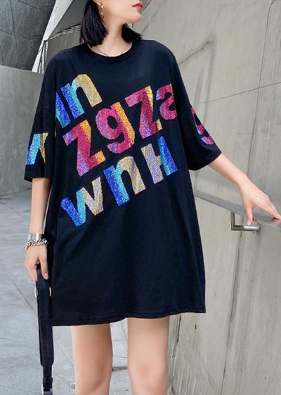 Women black Letter cotton tunic top o neck oversized blouse - bagstylebliss