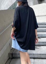 Women black Letter cotton tunic top o neck oversized blouse - bagstylebliss