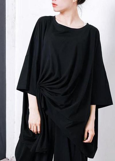 Women black Pakistani Irregular Design Unique cotton clothes For Pleated Solid Color T-Shirt - bagstylebliss