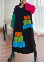 Women black Sweater Aesthetic Refashion o neck patchwork DIY knit dresses - bagstylebliss