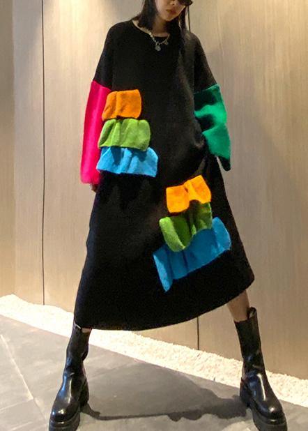 Women black Sweater Aesthetic Refashion o neck patchwork DIY knit dresses - bagstylebliss