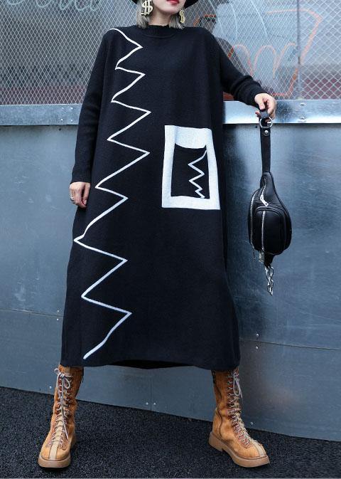 Women black Sweater dresses DIY patchwork color Ugly fall knitwear - bagstylebliss