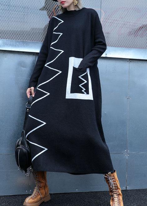 Women black Sweater dresses DIY patchwork color Ugly fall knitwear - bagstylebliss