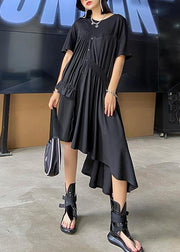 Women black Tunics o neck Cinched Maxi asymmetric Dress - bagstylebliss