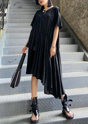 Women black Tunics o neck Cinched Maxi asymmetric Dress - bagstylebliss