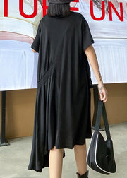 Women black Tunics o neck Cinched Maxi asymmetric Dress - bagstylebliss