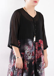 Women black chiffon cardigan For Women 2024 Fabrics patchwork prints Maxi summer Dress