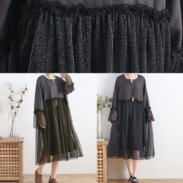 Women black chiffon dress long Boho Outfits o neck Petal Sleeve Summer Dress - bagstylebliss