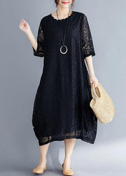 Women black cotton Tunic Mom Photography Half sleeve o neck loose Summer Dresses - bagstylebliss