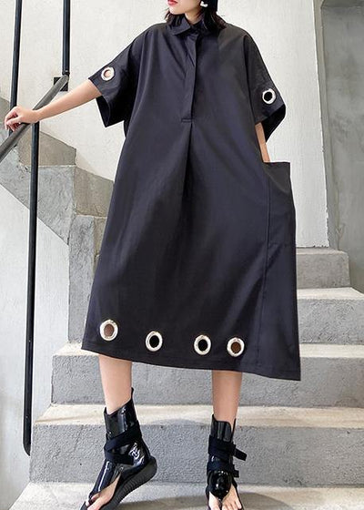 Women black cotton Tunics lapel patchwork Maxi summer Dress - bagstylebliss