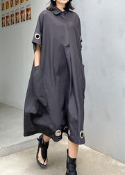 Women black cotton Tunics lapel patchwork Maxi summer Dress - bagstylebliss