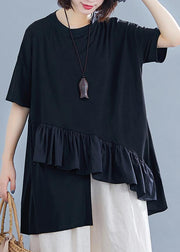 Women black cotton clothes For Women Ruffles asymmetric Midi summer blouses - bagstylebliss