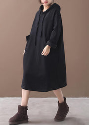 Women black cotton clothes Women hooded long winter Dress - bagstylebliss