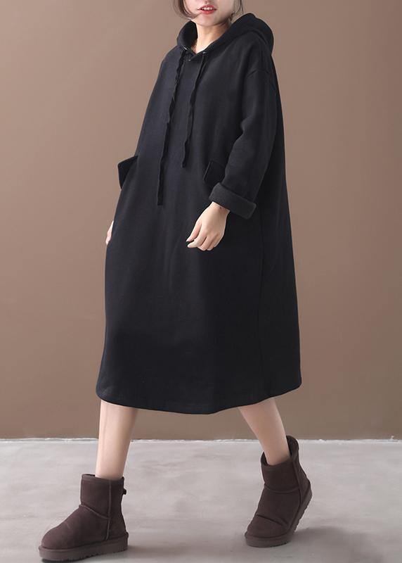 Women black cotton clothes Women hooded long winter Dress - bagstylebliss