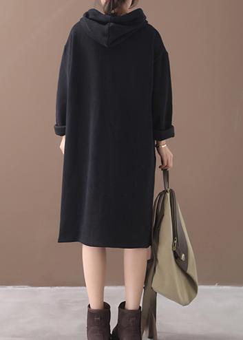 Women black cotton clothes Women hooded long winter Dress - bagstylebliss