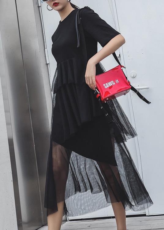 Women black cotton clothes patchwork tulle Maxi summer Dresses - bagstylebliss