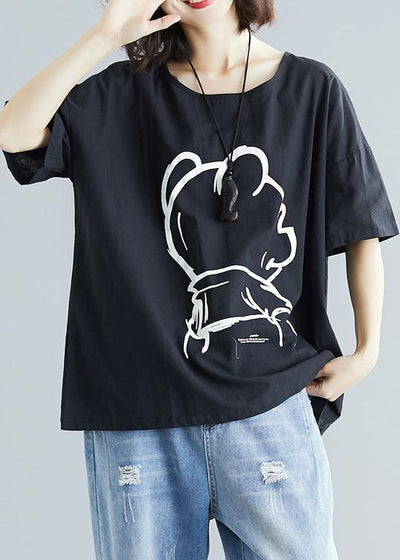 Women black cotton crane tops short sleeve Art summer blouses - bagstylebliss