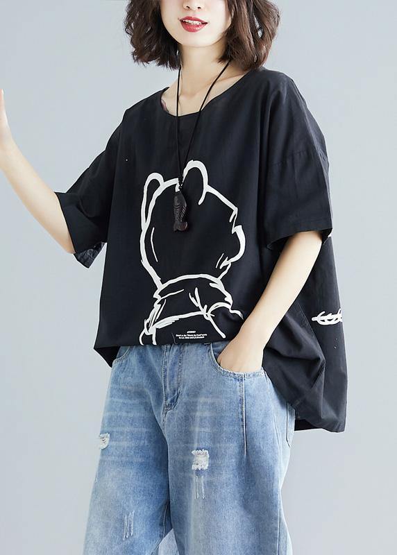 Women black cotton crane tops short sleeve Art summer blouses - bagstylebliss