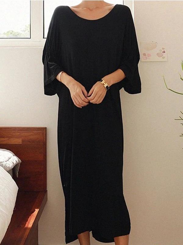 Women black cotton dresses o neck Cinched Kaftan summer Dresses - bagstylebliss