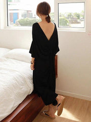 Women black cotton dresses o neck Cinched Kaftan summer Dresses - bagstylebliss