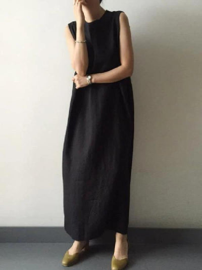 Women black cotton linen Robes o neck side open cotton robes Dresses - bagstylebliss