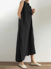 Women black cotton linen Robes o neck side open cotton robes Dresses - bagstylebliss