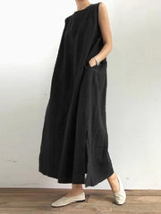 Women black cotton linen Robes o neck side open cotton robes Dresses - bagstylebliss