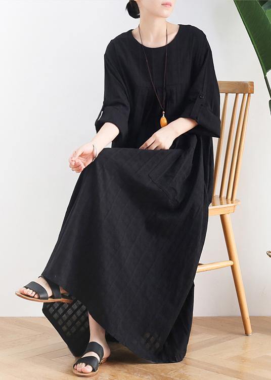Women black cotton quilting dresses o neck Batwing Sleeve Maxi Dresses - bagstylebliss