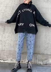 Women black cotton shirts patchwork alphabet loose spring tops - bagstylebliss