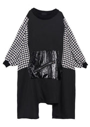 Women black cotton tunic dress asymmetric hem A Line patchwork Dresses - bagstylebliss