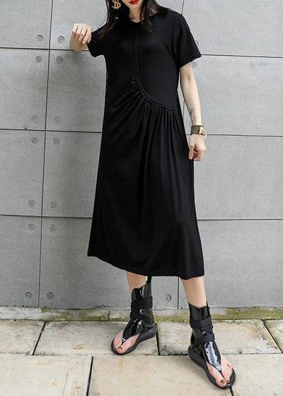 Women black cotton tunic dress hollow out Art summer Dresses - bagstylebliss