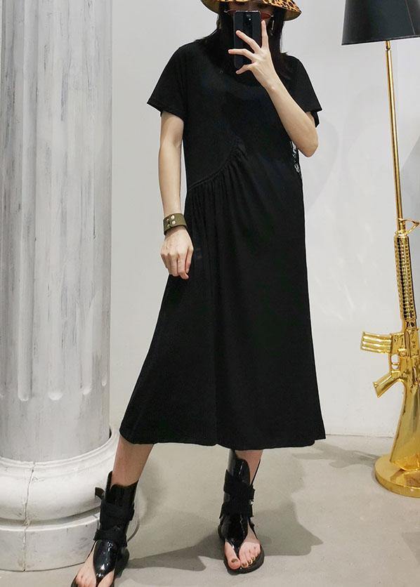 Women black cotton tunic dress hollow out Art summer Dresses - bagstylebliss